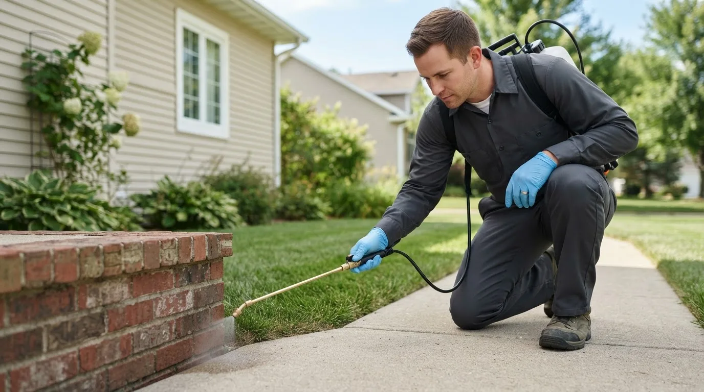 Pest control technician treating a home near Rouses Point, NY